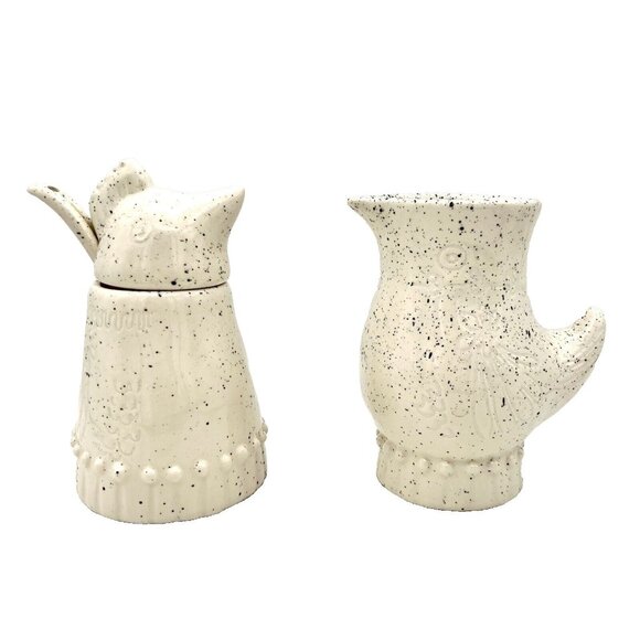 Anthropologie Other - Anthropologie Ceramic Creamer Sugar Bowl Spoon Set Bird Chicken Speckled Pottery